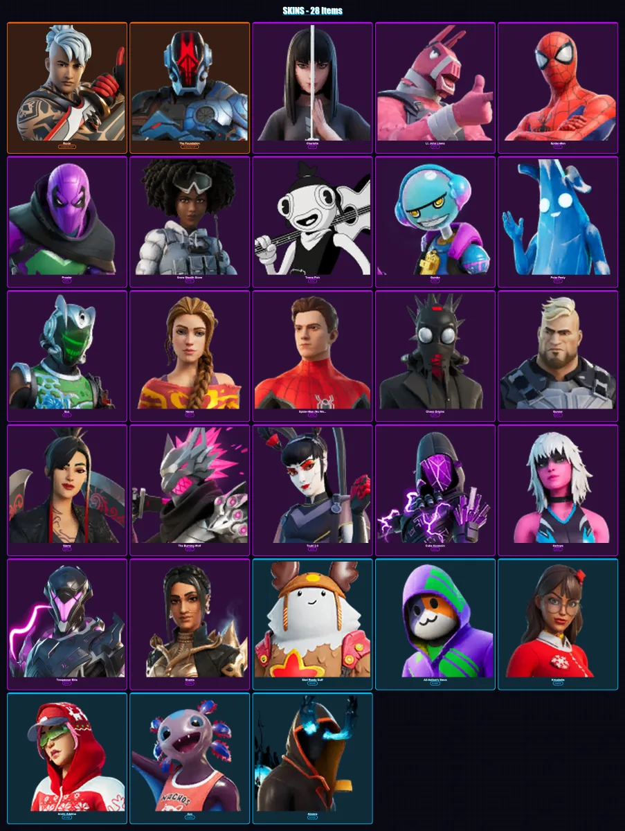 [PC/PSN] | Ronin | The Foundation | Charlotte | Lt. John Llama | Spider-Man | 28 skin | 29 pickaxe | 22 emote | 23 glider | Lv380