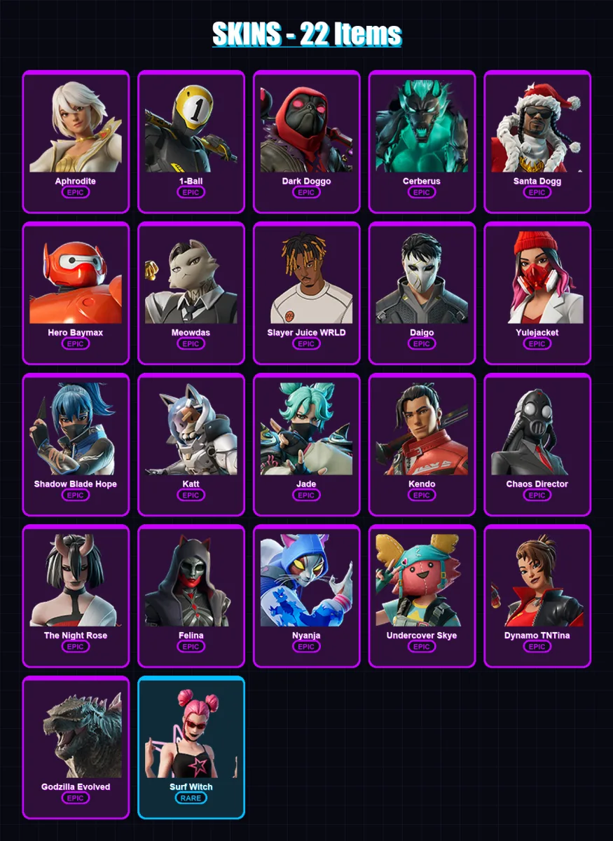 [PC/XBOX] | Aphrodite | 1-Ball | Dark Doggo | Cerberus | Santa Dogg | 22 skin | 51 pickaxe | 30 emote | 36 glider | Lv467