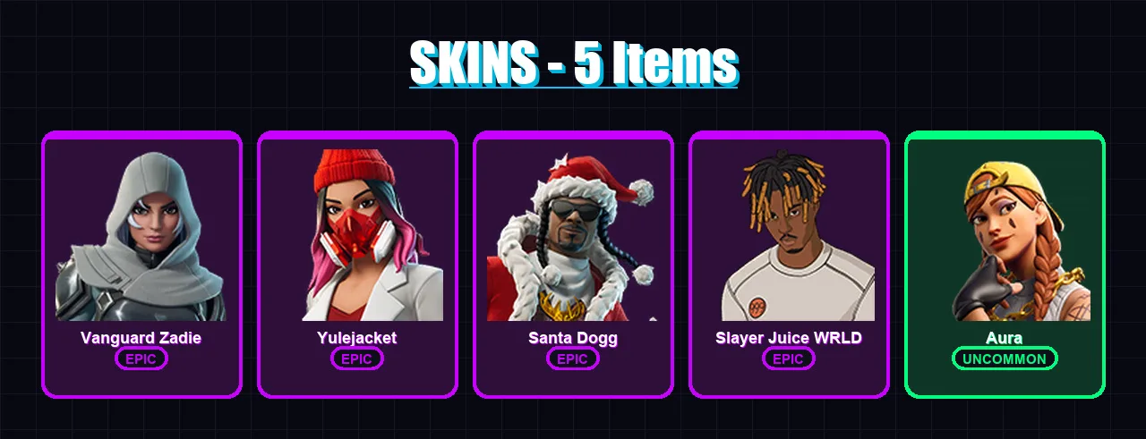[PS4/PS5/XBOX/PC] | Vanguard Zadie | Yulejacket | Santa Dogg | Slayer Juice WRLD | Aura | 5 skin | 36 pickaxe | 14 emote | 23 glider | Lv330