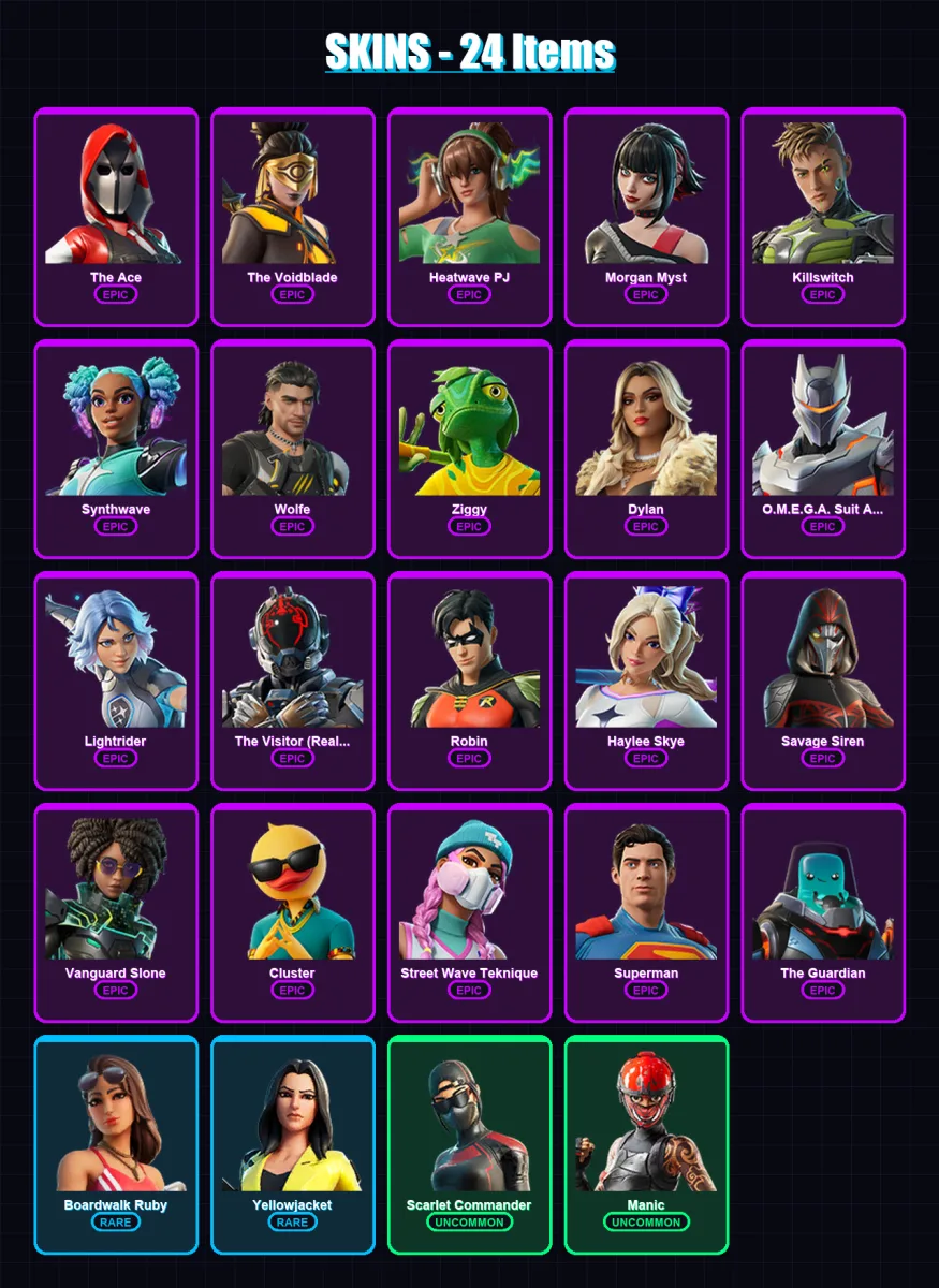 [PC/XBOX/PSN] | The Ace | The Voidblade | Heatwave PJ | Morgan Myst | Killswitch | 24 skin | 34 pickaxe | 28 emote | 32 glider | Lv300