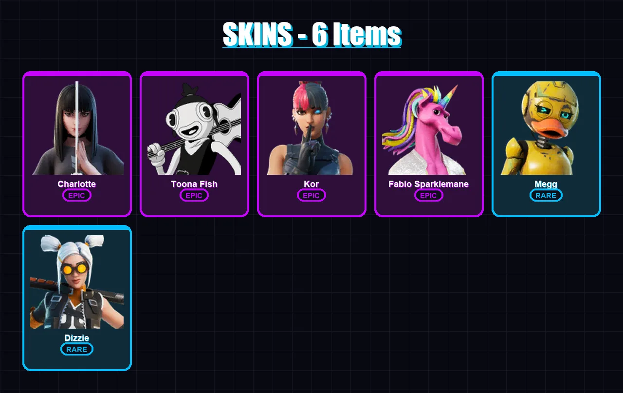[PC/XBOX/PSN] | Charlotte | Toona Fish | Kor | Fabio Sparklemane | Megg | 6 skin | 11 pickaxe | 14 emote | 13 glider | Lv185