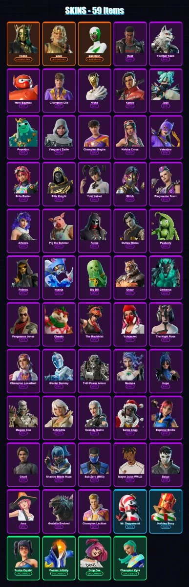 [PS4/PS5/XBOX/PC] | Hades | Zeus | Backlash | Rust | Fletcher Kane | 59 skin | 131 pickaxe | 64 emote | 80 glider | Lv1994