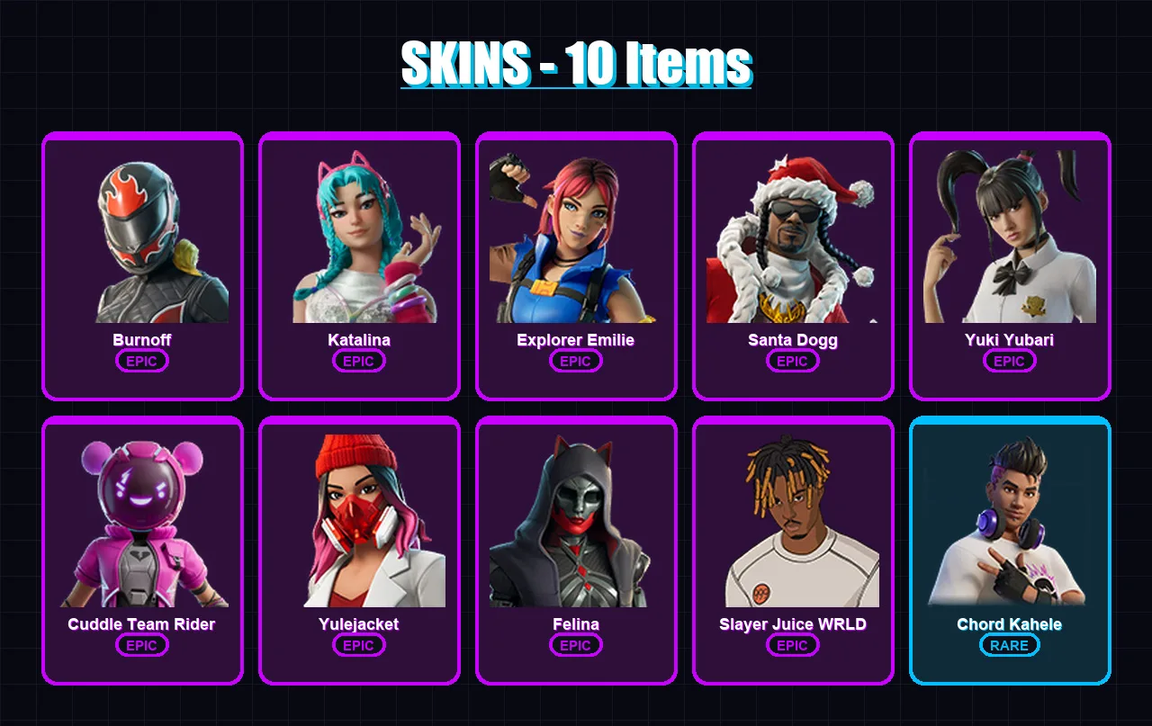 [PC/XBOX/PSN] | Burnoff | Katalina | Explorer Emilie | Santa Dogg | Yuki Yubari | 10 skin | 47 pickaxe | 13 emote | 25 glider | Lv386