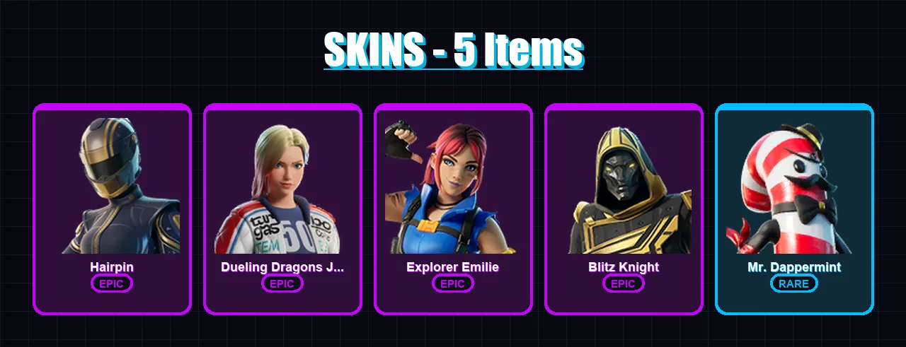 [PC/XBOX] | Hairpin | Dueling Dragons Jackie | Explorer Emilie | Blitz Knight | Mr. Dappermint | 5 skin | 32 pickaxe | 11 emote | 20 glider | Lv267