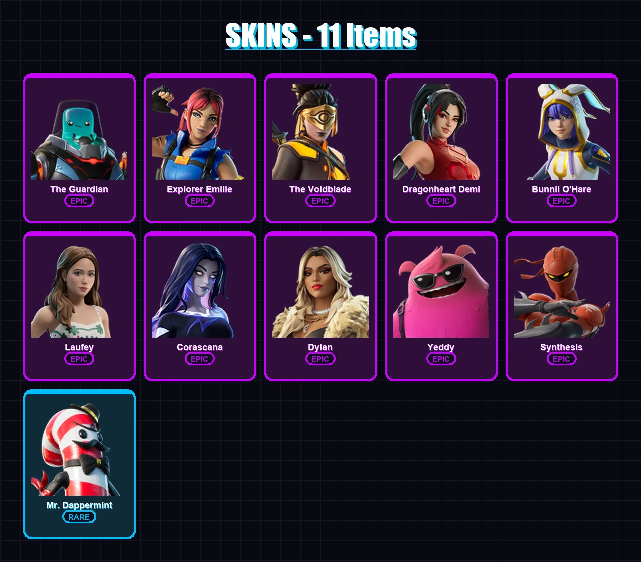 [PC/XBOX/PSN] | The Guardian | Explorer Emilie | The Voidblade | Dragonheart Demi | Bunnii O'Hare | 11 skin | 12 pickaxe | 6 emote | 10 glider | Lv2