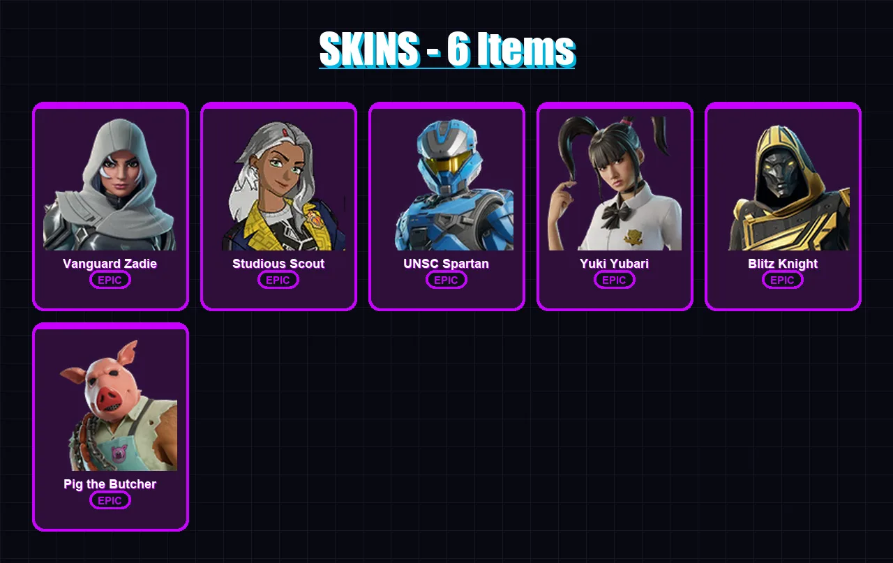[PC/PSN] | Vanguard Zadie | Studious Scout | UNSC Spartan | Yuki Yubari | Blitz Knight | 6 skin | 53 pickaxe | 18 emote | 23 glider | Lv561