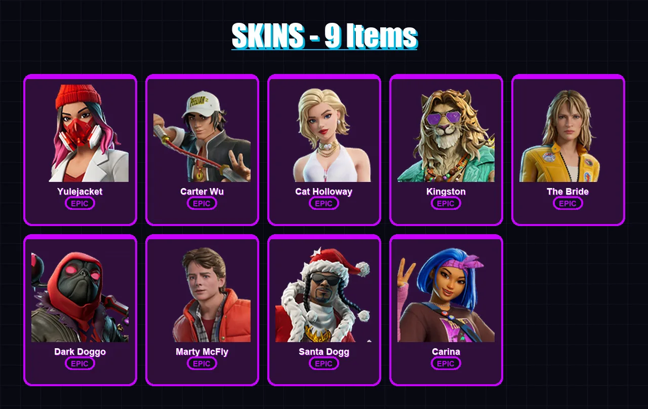 [PC/PSN] | Yulejacket | Carter Wu | Cat Holloway | Kingston | The Bride | 9 skin | 28 pickaxe | 14 emote | 16 glider | Lv127