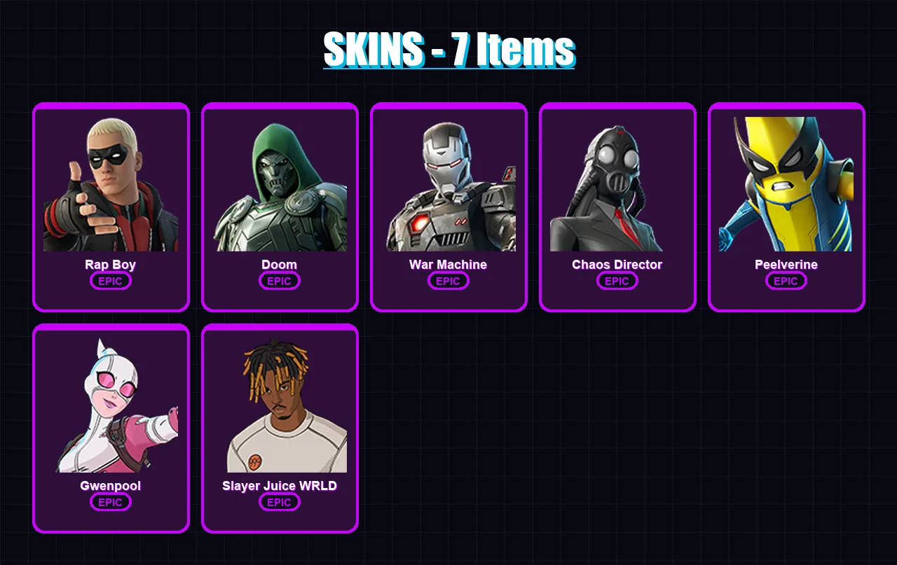[PC] | Rap Boy | Doom | War Machine | Chaos Director | Peelverine | 7 skin | 13 pickaxe | 11 emote | 9 glider | Lv106