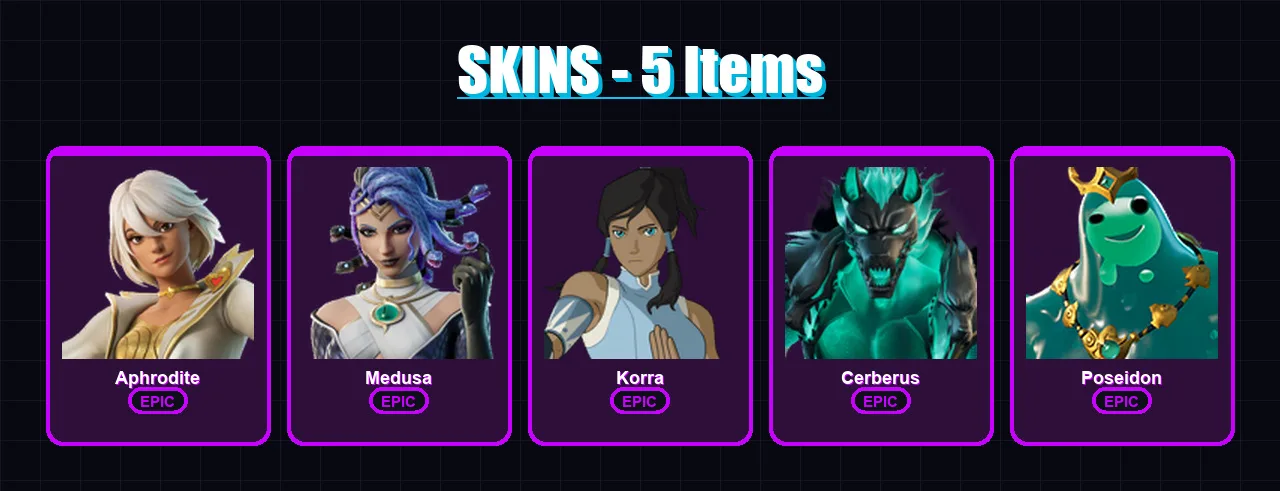 [PC/XBOX/PSN] | Aphrodite | Medusa | Korra | Cerberus | Poseidon | 5 skin | 15 pickaxe | 16 emote | 16 glider | Lv355