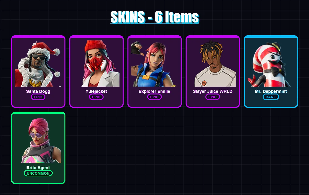 [PS4/PS5/XBOX/PC] | Santa Dogg | Yulejacket | Explorer Emilie | Slayer Juice WRLD | Mr. Dappermint | 6 skin | 10 pickaxe | 6 emote | 8 glider | Lv91