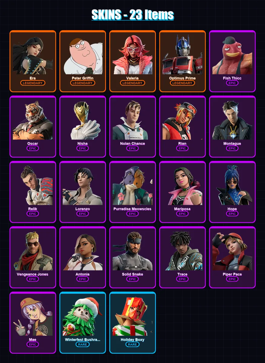 [PS4/PS5/XBOX/PC] | Era | Peter Griffin | Valeria | Optimus Prime | Fish Thicc | 23 skin | 29 pickaxe | 26 emote | 31 glider | Lv420 — Fortnite account