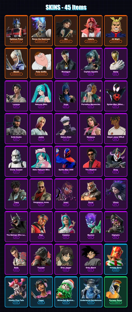 [PC/XBOX] | Optimus Prime | Renzo the Destroyer | Era | Valeria | All Might | 45 skin | 74 pickaxe | 49 emote | 42 glider | Lv599