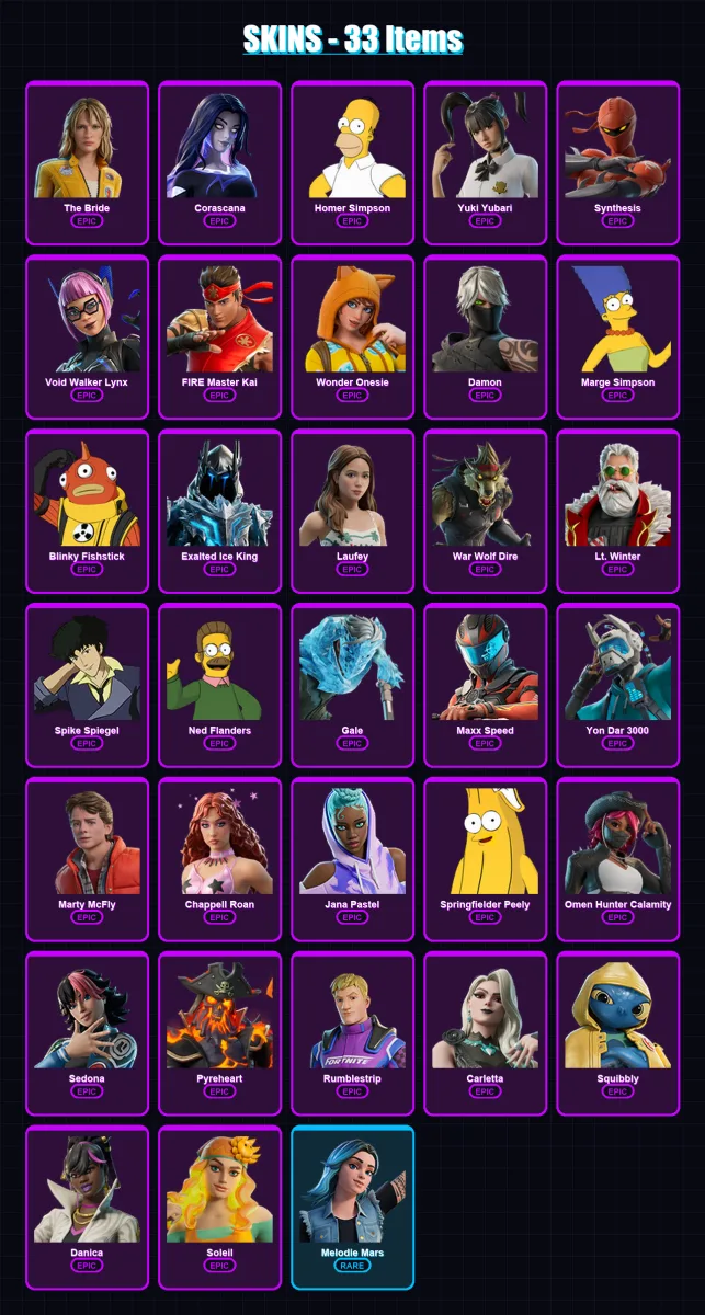 [PC/PSN] | The Bride | Corascana | Homer Simpson | Yuki Yubari | Synthesis | 33 skin | 39 pickaxe | 25 emote | 21 glider | Lv146