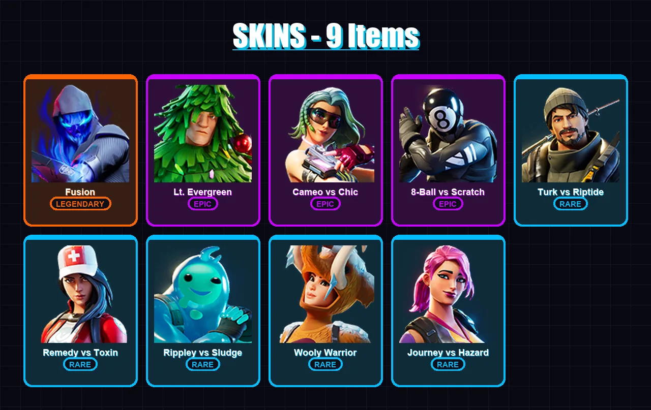 [PC/XBOX/PSN] | Fusion | Lt. Evergreen | Cameo vs Chic | 8-Ball vs Scratch | Turk vs Riptide | 9 skin | 16 pickaxe | 17 emote | 17 glider | Lv306