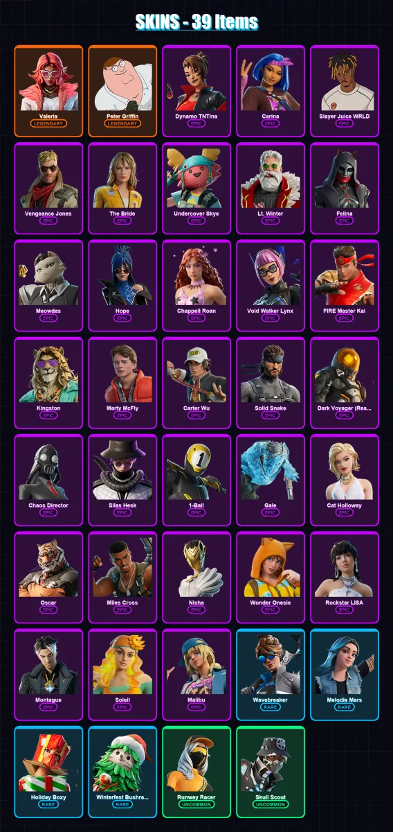 [PS4/PS5/PC] | Valeria | Peter Griffin | Dynamo TNTina | Carina | Slayer Juice WRLD | 39 skin | 60 pickaxe | 40 emote | 35 glider | Lv435