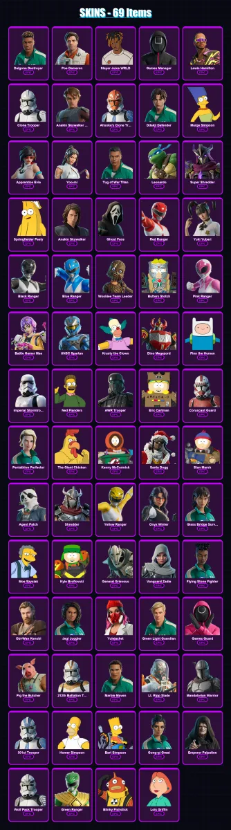 [PC] | Dalgona Destroyer | Poe Dameron | Slayer Juice WRLD | Games Manager | Lewis Hamilton | 69 skin | 89 pickaxe | 55 emote | 54 glider | Lv604