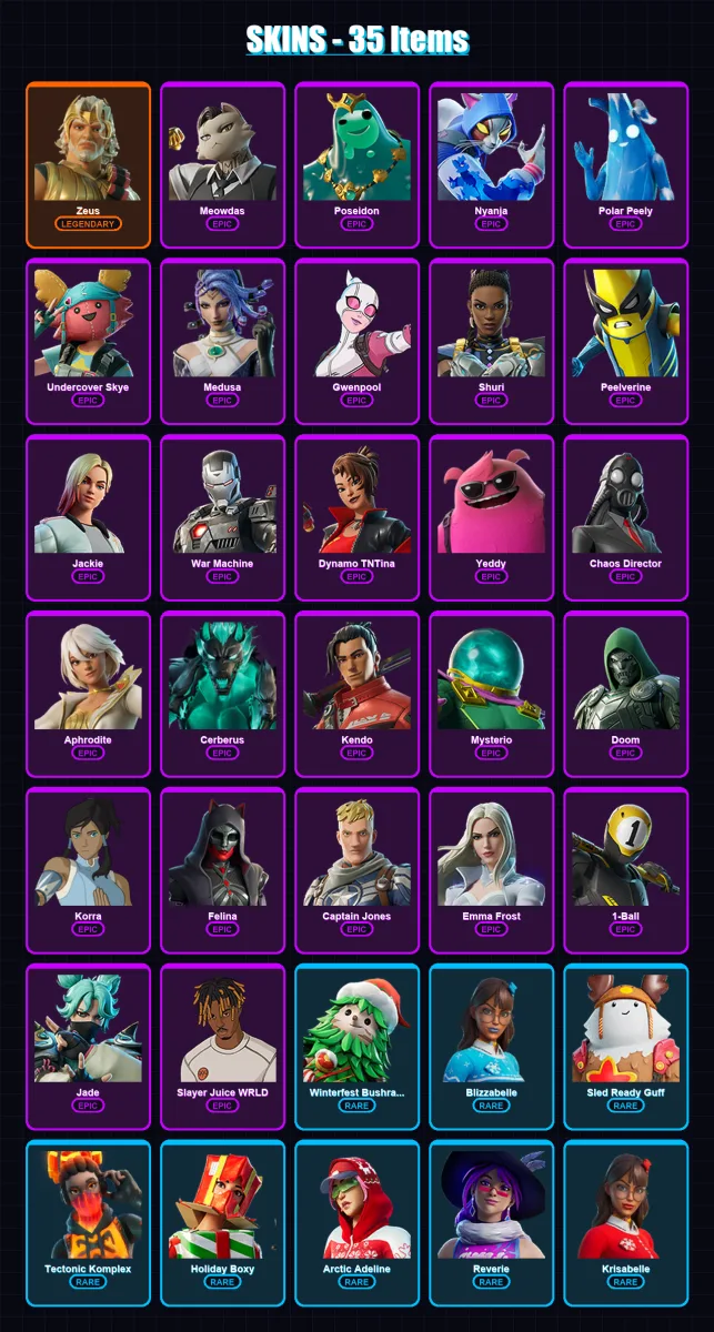 [PC/PSN] | Zeus | Meowdas | Poseidon | Nyanja | Polar Peely | 35 skin | 60 pickaxe | 43 emote | 49 glider | Lv734
