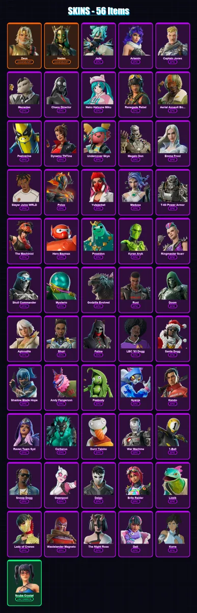 [PC/XBOX/PSN] | Zeus | Hades | Jade | Artemis | Captain Jones | 56 skin | 87 pickaxe | 57 emote | 53 glider | Lv1013