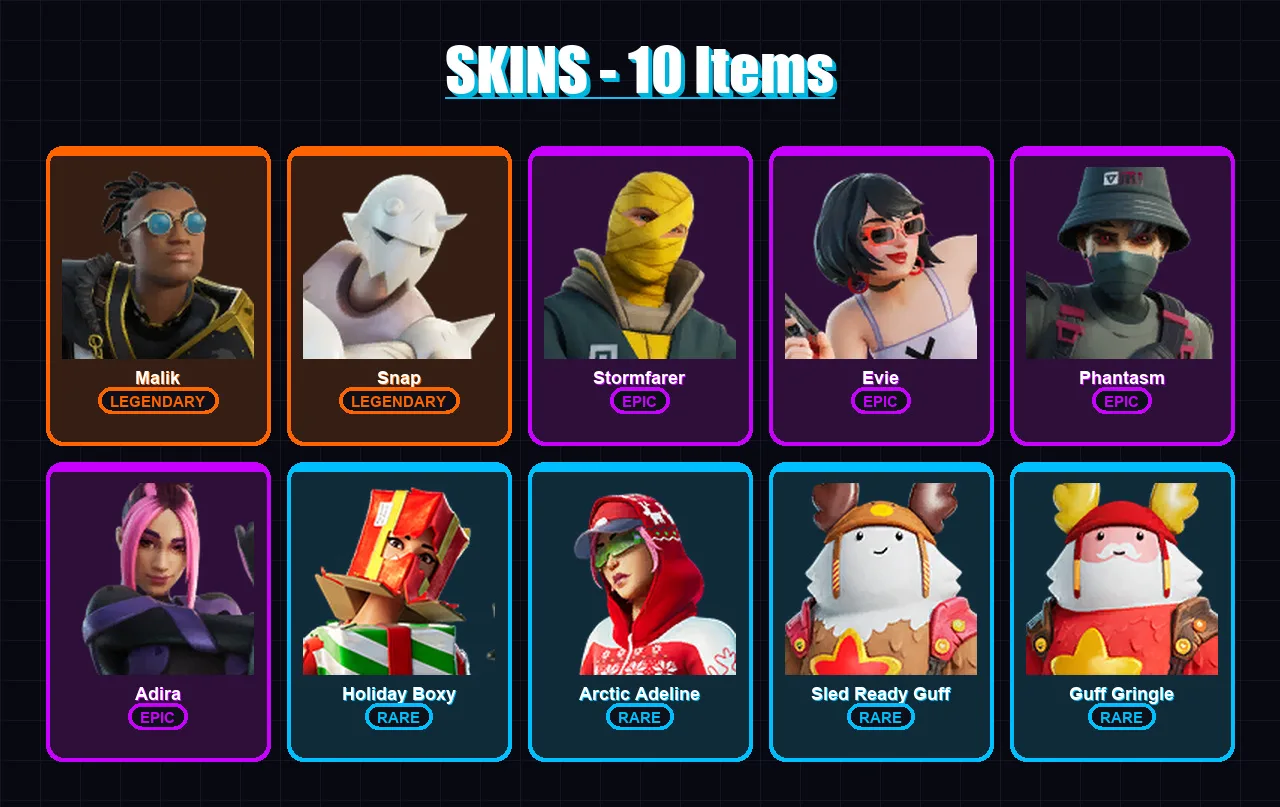 [PC/XBOX/PSN] | Malik | Snap | Stormfarer | Evie | Phantasm | 10 skin | 19 pickaxe | 14 emote | 23 glider | Lv310