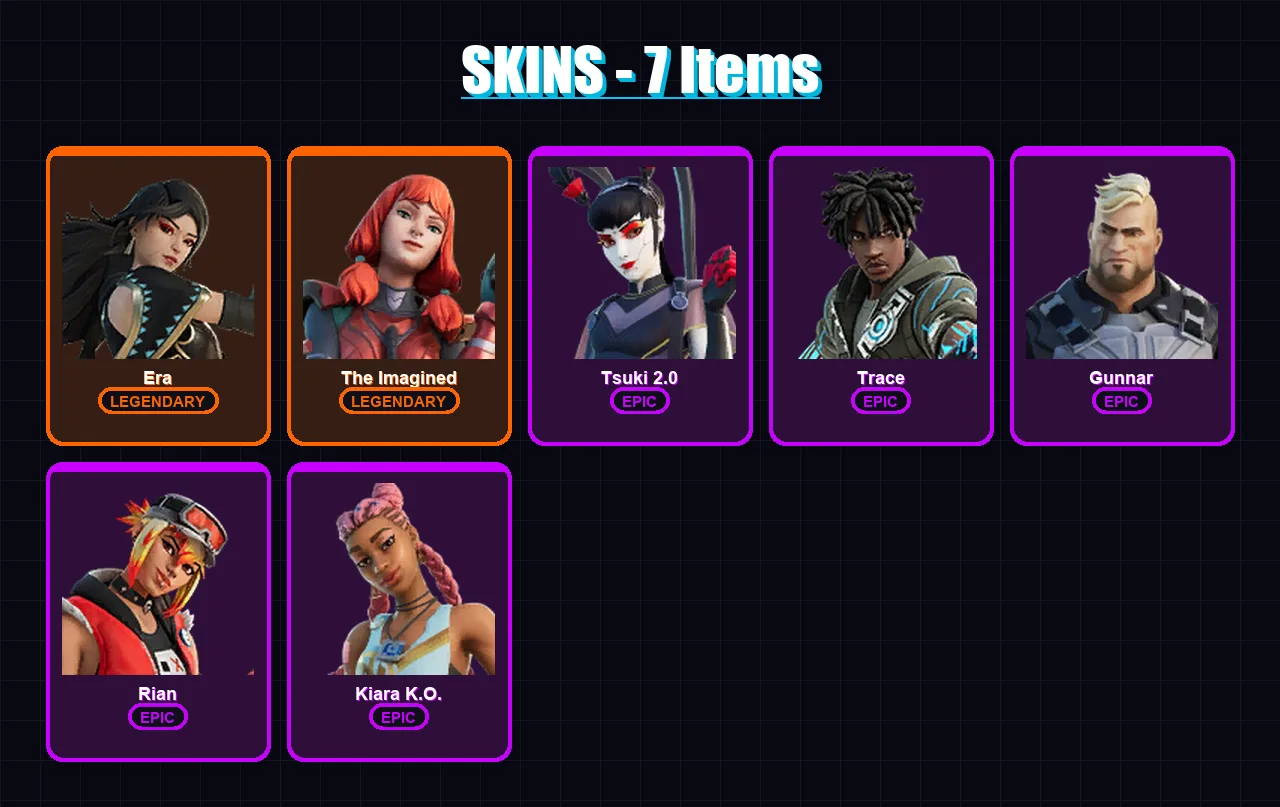 [PC/XBOX/PSN] | Era | The Imagined | Tsuki 2.0 | Trace | Gunnar | 7 skin | 13 pickaxe | 10 emote | 14 glider | Lv130