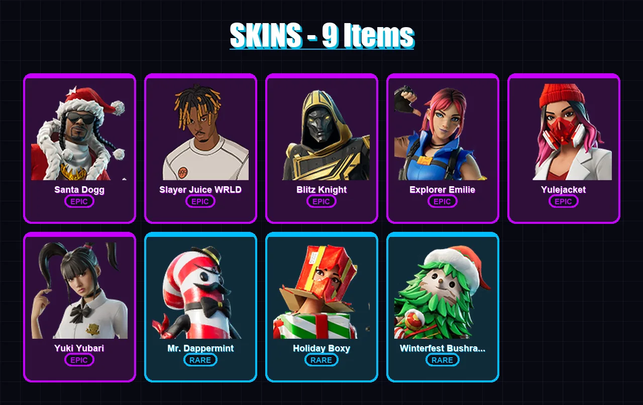 [PS4/PS5/XBOX/PC] | Santa Dogg | Slayer Juice WRLD | Blitz Knight | Explorer Emilie | Yulejacket | 9 skin | 49 pickaxe | 24 emote | 31 glider | Lv44