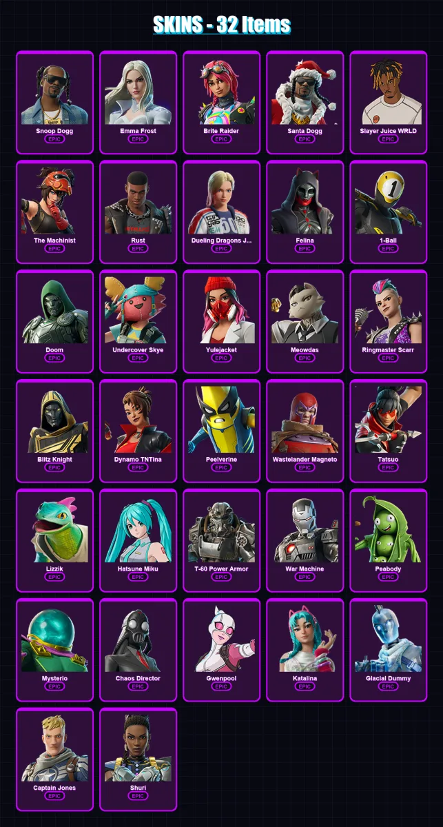 [PC/PSN] | Snoop Dogg | Emma Frost | Brite Raider | Santa Dogg | Slayer Juice WRLD | 32 skin | 67 pickaxe | 35 emote | 43 glider | Lv538 — Fortnite account
