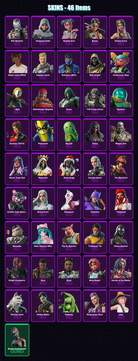 [PS4/PS5/XBOX/PC] | War Machine | Vanguard Zadie | Sparkle Diva | Bones | Keisha Cross | 46 skin | 100 pickaxe | 59 emote | 67 glider | Lv1066