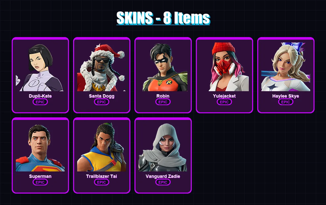 [PC/XBOX/PSN] | Dupli-Kate | Santa Dogg | Robin | Yulejacket | Haylee Skye | 8 skin | 39 pickaxe | 17 emote | 27 glider | Lv364