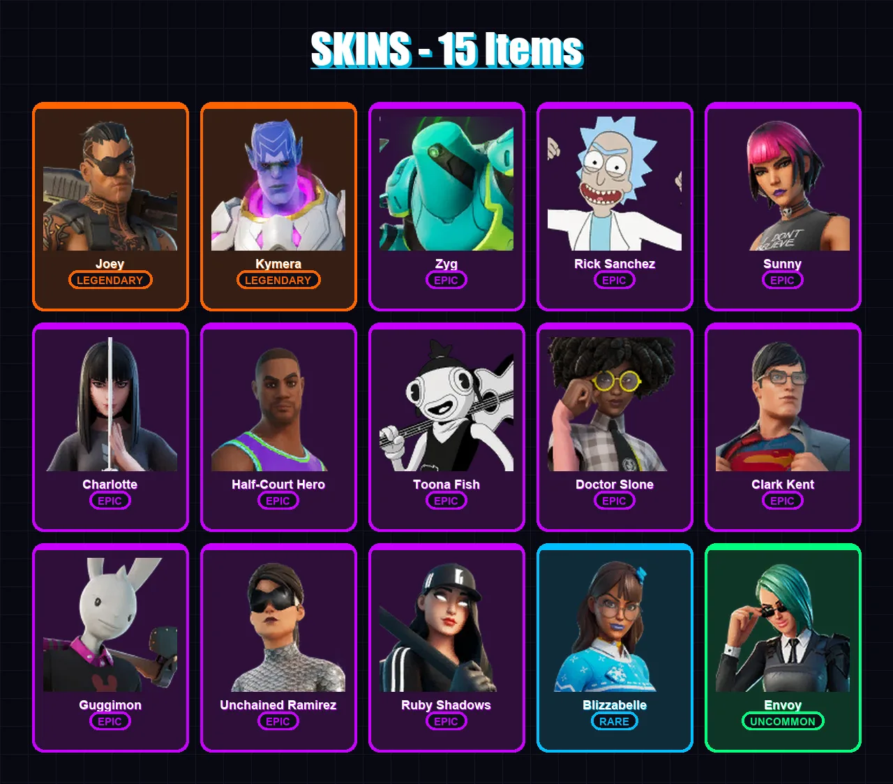 [PC/XBOX/PSN] | Joey | Kymera | Zyg | Rick Sanchez | Sunny | 15 skin | 18 pickaxe | 23 emote | 30 glider | Lv523