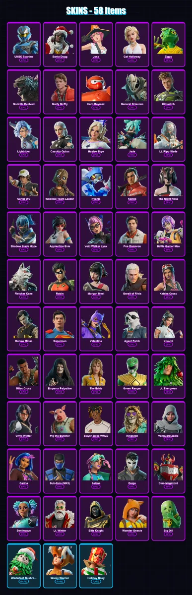 [PC/XBOX/PSN] | UNSC Spartan | Santa Dogg | Joss | Cat Holloway | Ziggy | 58 skin | 116 pickaxe | 81 emote | 95 glider | Lv1254
