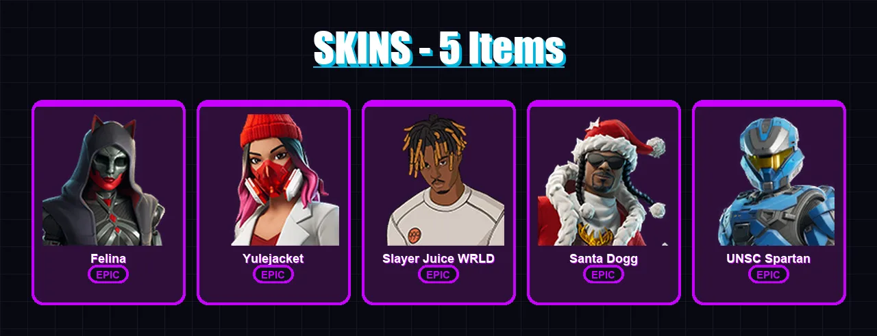 [PS4/PS5/XBOX/PC] | Felina | Yulejacket | Slayer Juice WRLD | Santa Dogg | UNSC Spartan | 5 skin | 48 pickaxe | 18 emote | 22 glider | Lv375