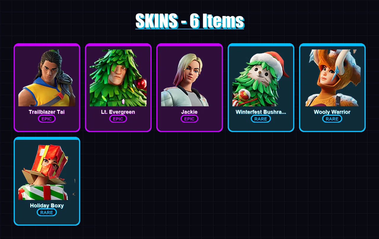 [PC/XBOX/PSN] | Trailblazer Tai | Lt. Evergreen | Jackie | Winterfest Bushranger | Wooly Warrior | 6 skin | 7 pickaxe | 8 emote | 9 glider | Lv83