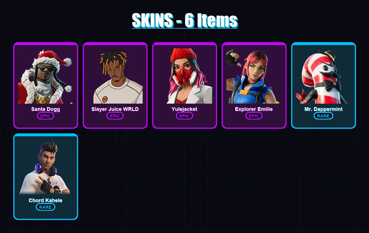 [PC/XBOX] | Santa Dogg | Slayer Juice WRLD | Yulejacket | Explorer Emilie | Mr. Dappermint | 6 skin | 21 pickaxe | 11 emote | 12 glider | Lv167