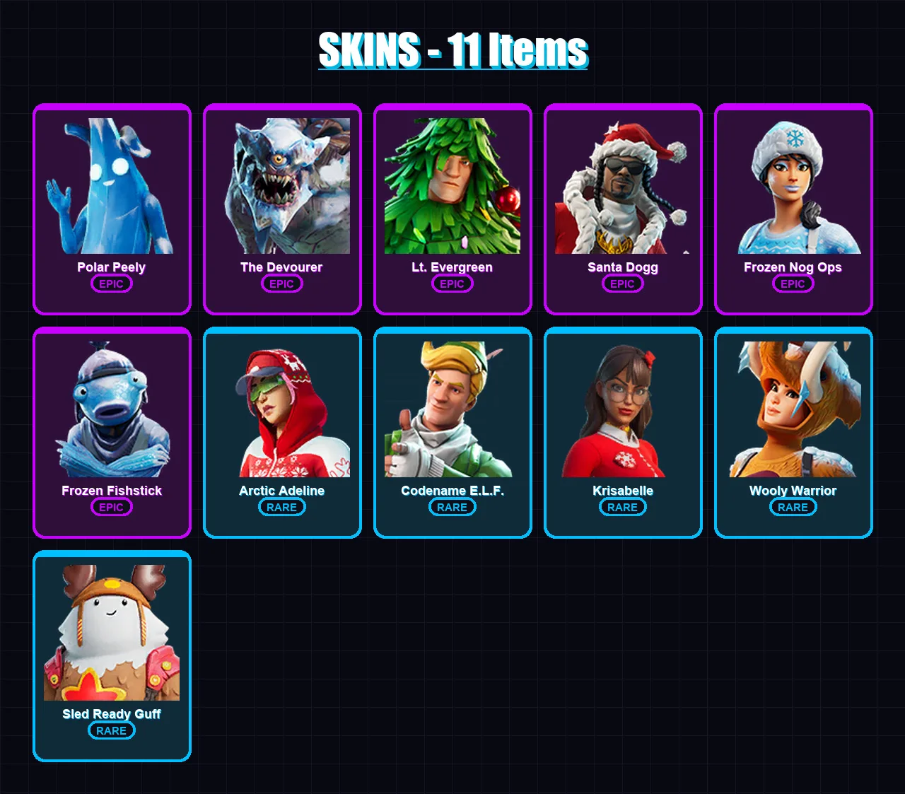 [PC] | Polar Peely | The Devourer | Lt. Evergreen | Santa Dogg | Frozen Nog Ops | 11 skin | 15 pickaxe | 17 emote | 14 glider | Lv252