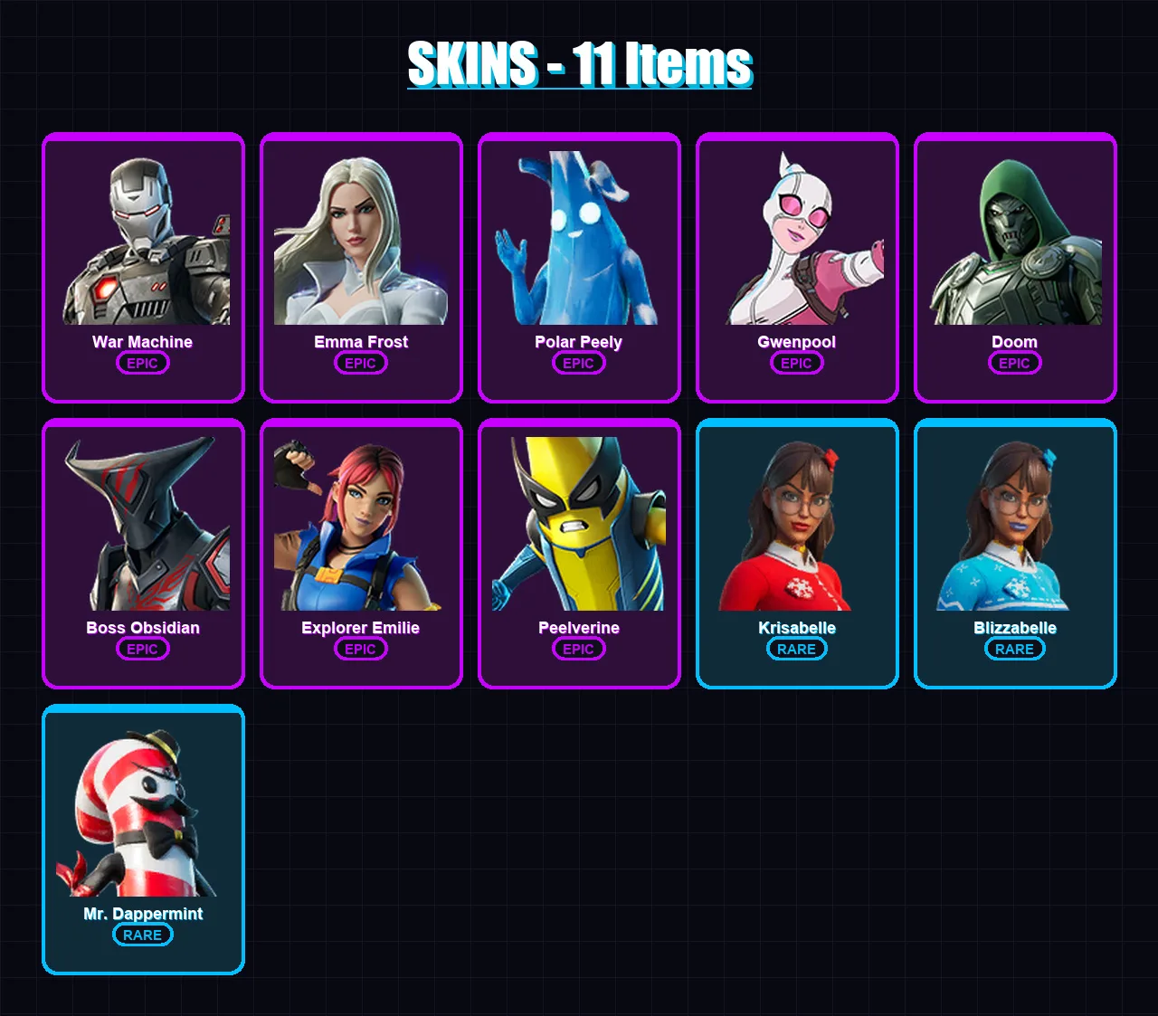 [PC/PSN] | War Machine | Emma Frost | Polar Peely | Gwenpool | Doom | 11 skin | 23 pickaxe | 15 emote | 18 glider | Lv225