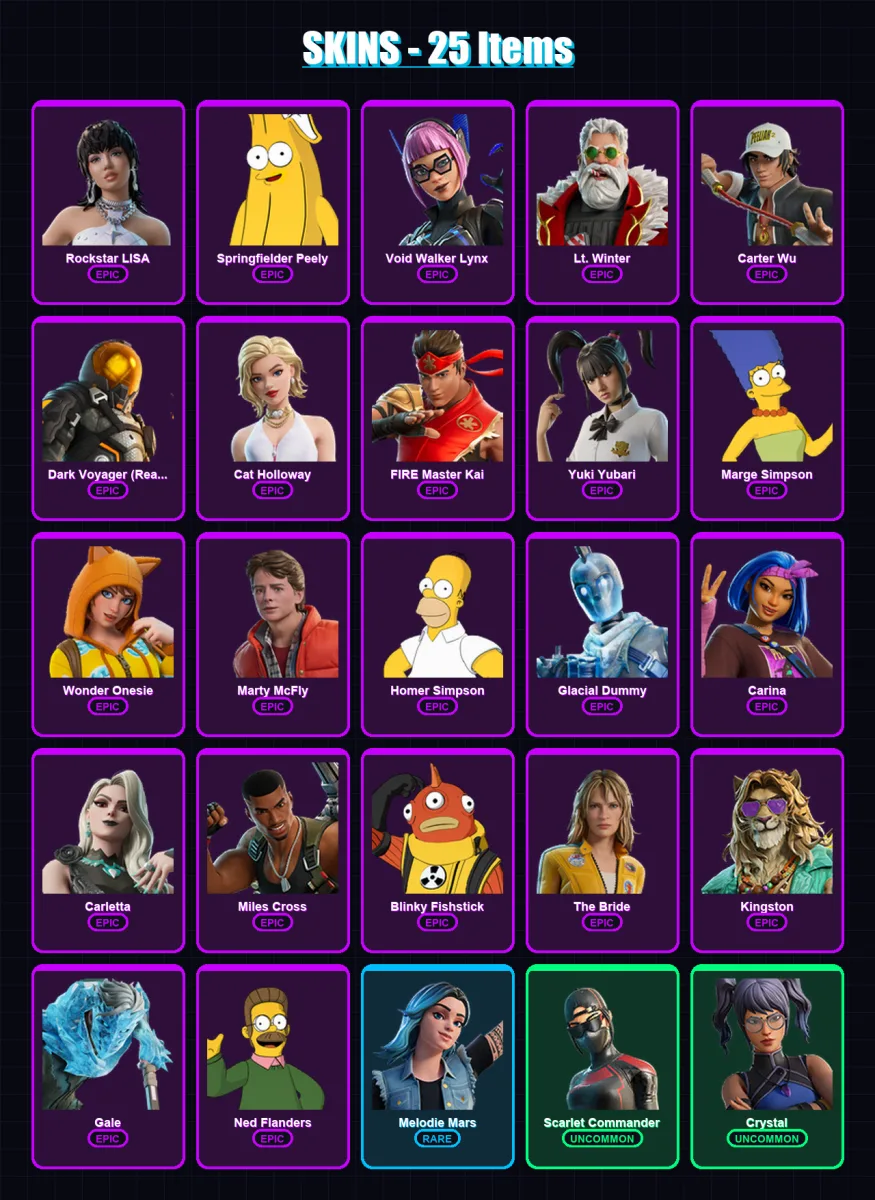 [PC/XBOX/PSN] | Rockstar LISA | Springfielder Peely | Void Walker Lynx | Lt. Winter | Carter Wu | 25 skin | 40 pickaxe | 23 emote | 24 glider | Lv24