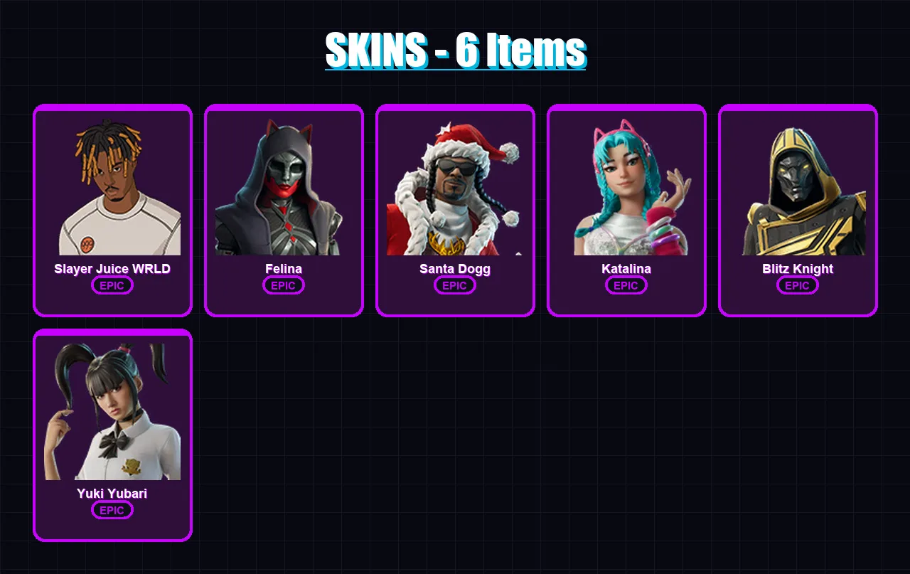[PC/XBOX/PSN] | Slayer Juice WRLD | Felina | Santa Dogg | Katalina | Blitz Knight | 6 skin | 31 pickaxe | 11 emote | 20 glider | Lv267
