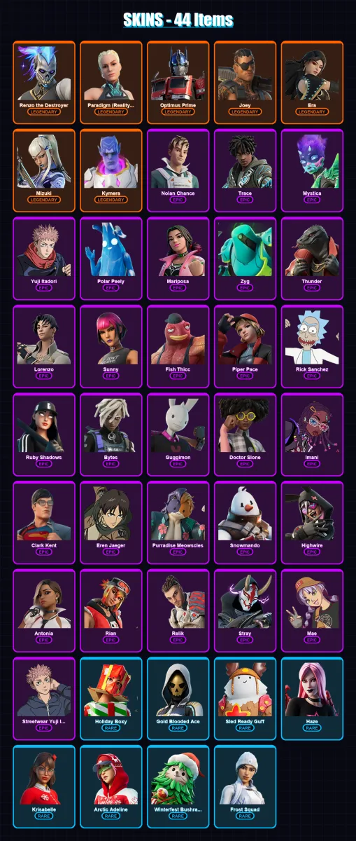 [PC/XBOX/PSN] | Renzo the Destroyer | Paradigm (Reality-659) | Optimus Prime | Joey | Era | 44 skin | 62 pickaxe | 55 emote | 71 glider | Lv1194