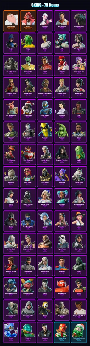 [PC/XBOX/PSN] | Peter Griffin | Valeria | Gwenpool | Poe Dameron | Godzilla Evolved | 75 skin | 125 pickaxe | 84 emote | 89 glider | Lv1406