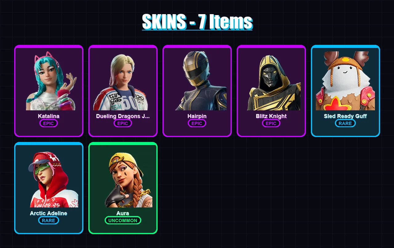[PS4/PS5/PC] | Katalina | Dueling Dragons Jackie | Hairpin | Blitz Knight | Sled Ready Guff | 7 skin | 53 pickaxe | 27 emote | 35 glider | Lv581