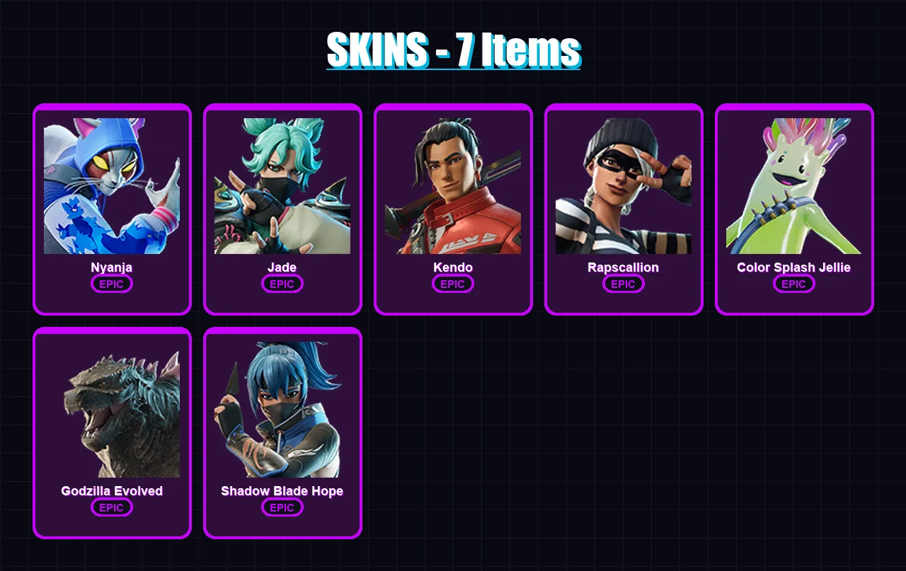 [PC/XBOX/PSN] | Nyanja | Jade | Kendo | Rapscallion | Color Splash Jellie | 7 skin | 8 pickaxe | 7 emote | 10 glider | Lv65