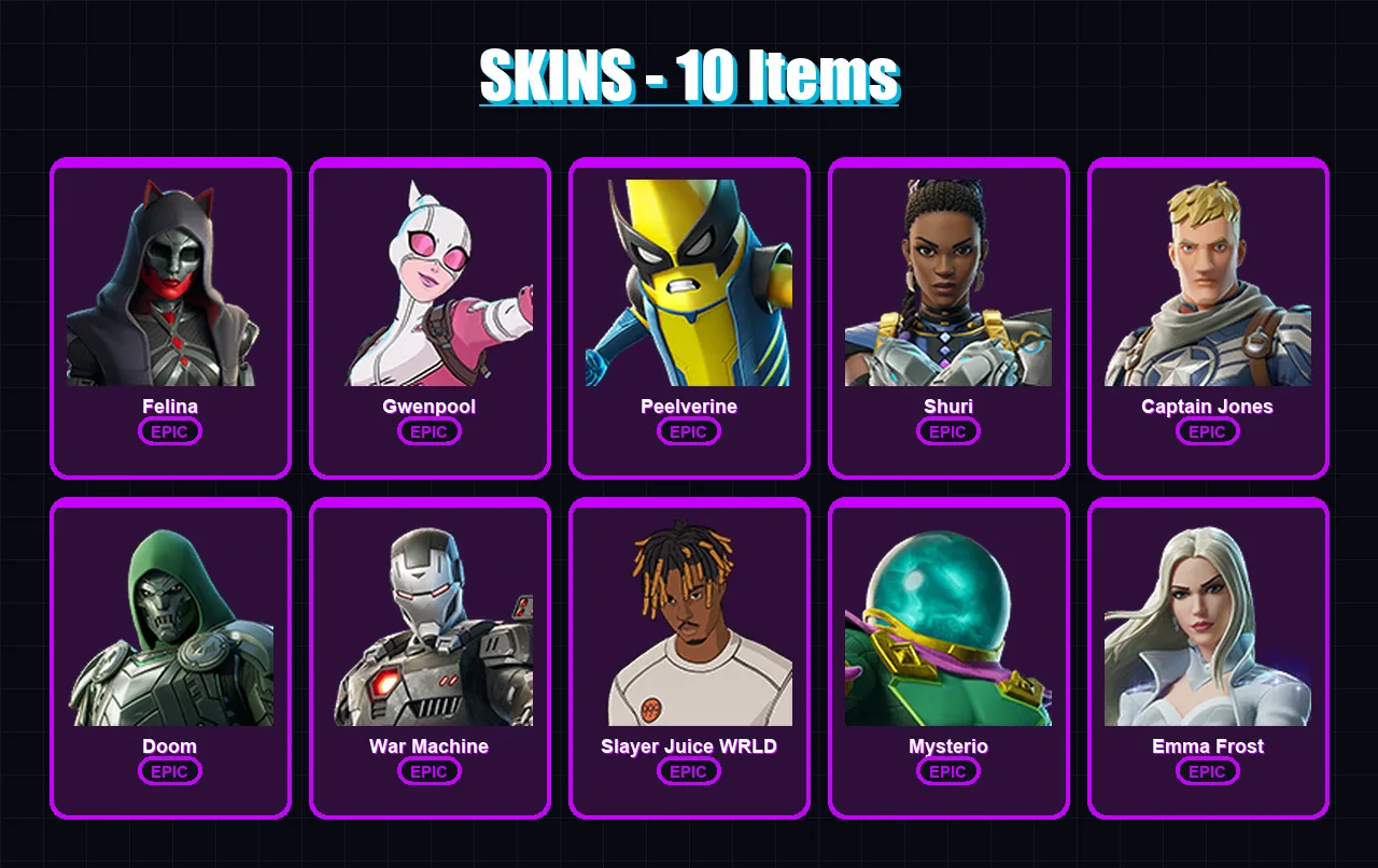 [PS4/PS5/XBOX/PC] | Felina | Gwenpool | Peelverine | Shuri | Captain Jones | 10 skin | 25 pickaxe | 19 emote | 18 glider | Lv267 — Fortnite account