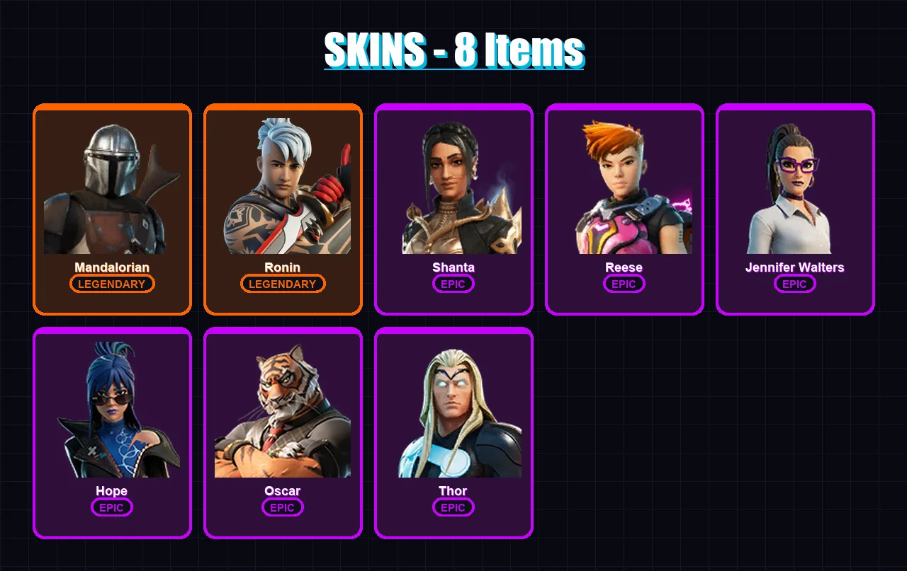 [PC/XBOX/PSN] | Mandalorian | Ronin | Shanta | Reese | Jennifer Walters | 8 skin | 14 pickaxe | 10 emote | 12 glider | Lv132