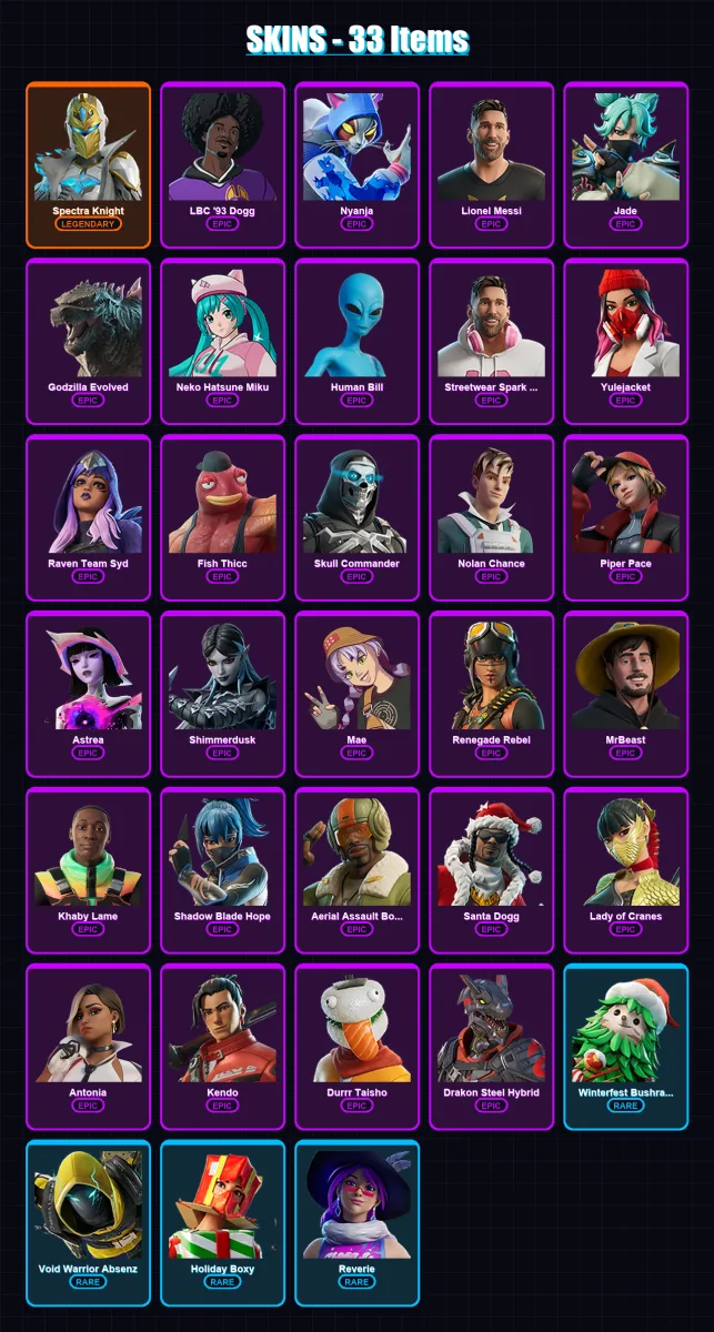 [PC/XBOX/PSN] | Spectra Knight | LBC '93 Dogg | Nyanja | Lionel Messi | Jade | 33 skin | 45 pickaxe | 25 emote | 24 glider | Lv213 — Fortnite account