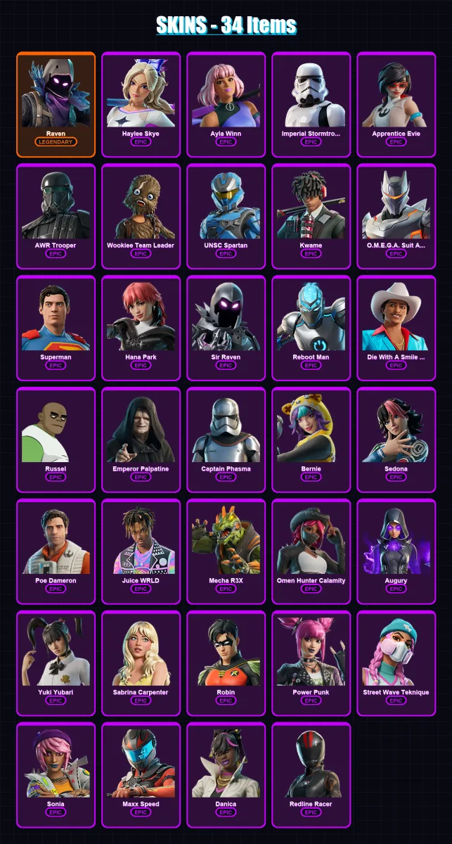 [PC/PSN] | Raven | Haylee Skye | Ayla Winn | Imperial Stormtrooper | Apprentice Evie | 34 skin | 43 pickaxe | 32 emote | 26 glider | Lv181