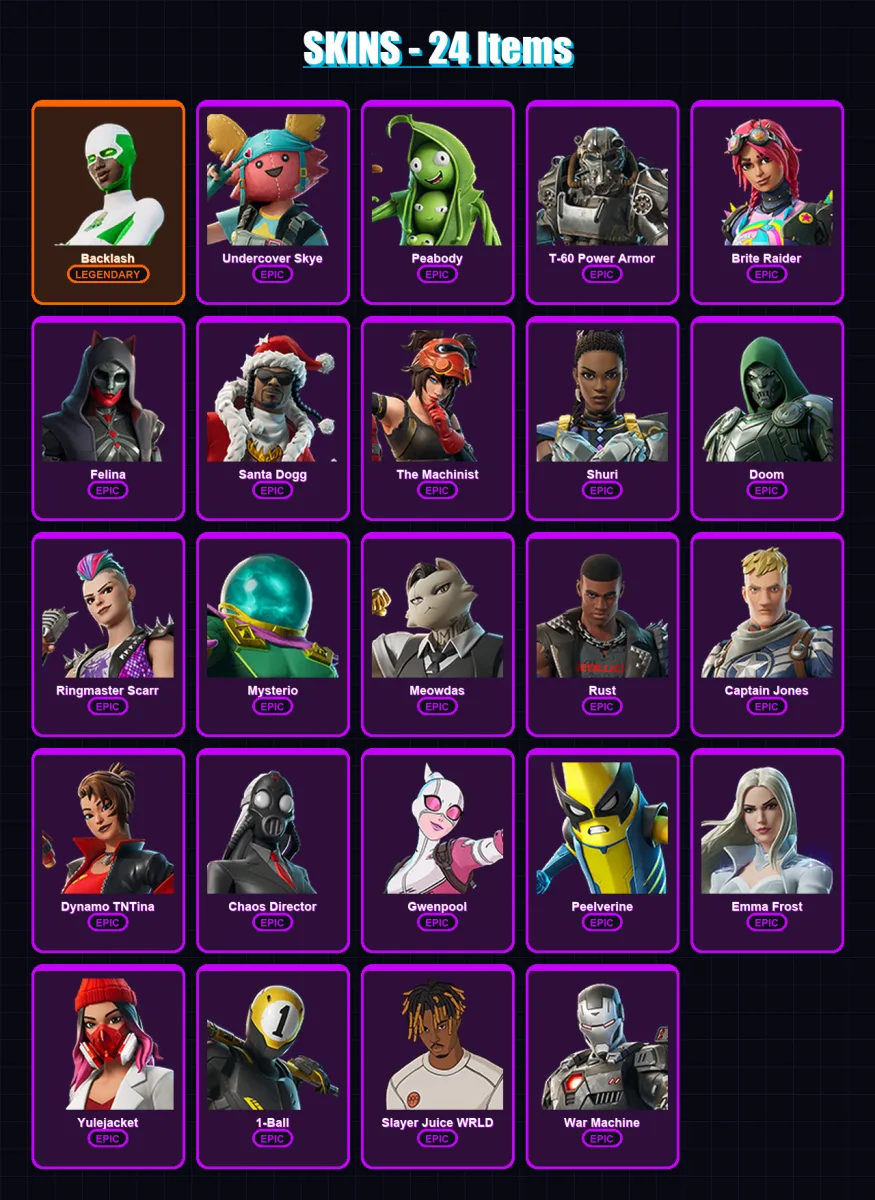 [PC/XBOX/PSN] | Backlash | Undercover Skye | Peabody | T-60 Power Armor | Brite Raider | 24 skin | 53 pickaxe | 28 emote | 40 glider | Lv589