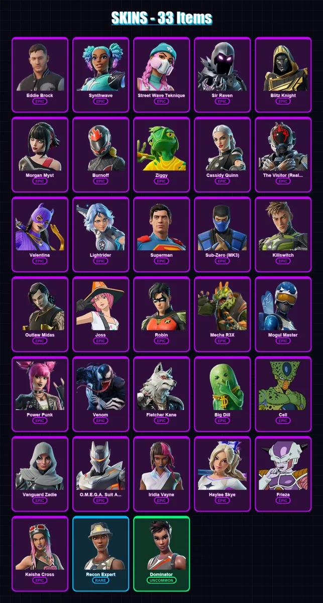 [PS4/PS5/XBOX/PC] | Eddie Brock | Synthwave | Street Wave Teknique | Sir Raven | Blitz Knight | 33 skin | 43 pickaxe | 32 emote | 33 glider | Lv425