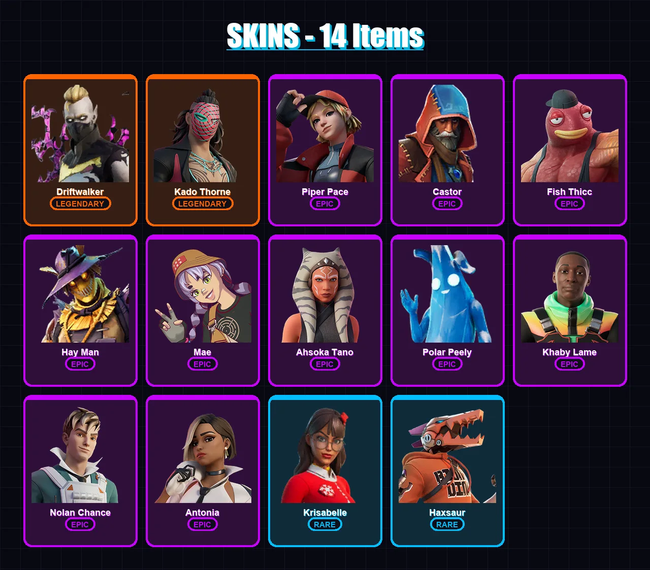 [PC/XBOX/PSN] | Driftwalker | Kado Thorne | Piper Pace | Castor | Fish Thicc | 14 skin | 18 pickaxe | 13 emote | 14 glider | Lv179