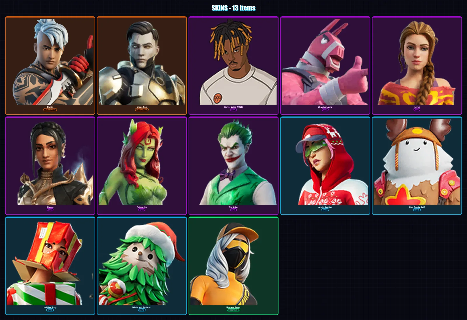 [PC/PSN] | Ronin | Midas Rex | Slayer Juice WRLD | Lt. John Llama | Haven | 13 skin | 54 pickaxe | 46 emote | 51 glider | Lv813 — Fortnite account