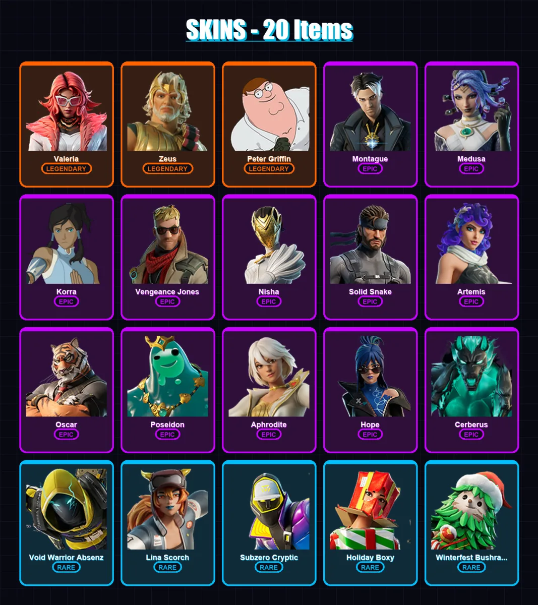 [PC/XBOX] | Valeria | Zeus | Peter Griffin | Montague | Medusa | 20 skin | 33 pickaxe | 28 emote | 27 glider | Lv342
